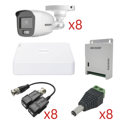 EPCOM - Kit TurboHD con Audio / DVR 8 Canales 1080p Lite / 8 Cámaras Bala 2.8 mm 105° / Audio Coaxitron / Luz Blanca 20 m (65.6 ft) / Fuente Regulada