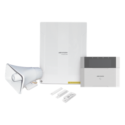 HIKVISION - Kit Panel de Alarma Híbrido / 64 Zonas / Teclado LCD con Lector de Tags / Sirena 30W 120 dB / IP65 / Contacto Magnético 2 cm