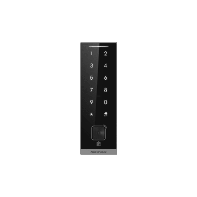 HIKVISION - Teclado Esclavo con Lector de Tarjetas Virtuales Bluetooth y Códigos QR / Tarjetas MIFARE y PROX EM / Contraseñas / RS-485 Wiegand OSDP / Frecuencias 13.56 MHz y 125 KHz / Autenticación Tarjeta PIN QR Bluetooth / Táctil