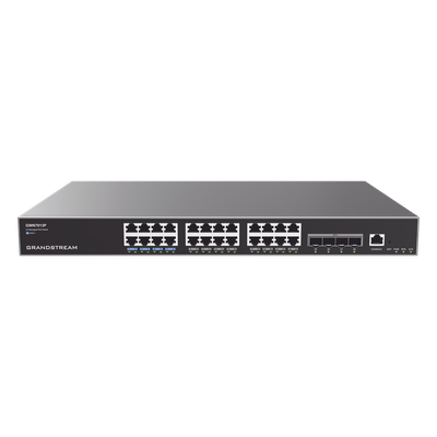 GRANDSTREAM - Switch Capa 3 PoE+ Administrable / 24 puertos Gigabit / 4 puertos SFP+ 10G / 360W PoE / 128 Gbps / 95.232 Mpps / 1.18 pies (0.36 m) de profundidad