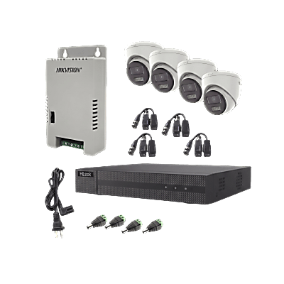 HILOOK BY HIKVISION - Kit HiLook Audio Bidireccional TurboHD 1080p / DVR Metalico 4 Canales / 4 Cámaras Eyeball (Exterior) con Bocina y Microfóno Integrado / 1 Fuente de Poder / Accesorios