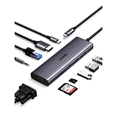 UGREEN - Hub USB-C 10 en 1 / HDMI 4K@30Hz + VGA 1920x1200 / 3x USB 3.0 5Gbps / Ethernet Gigabit / SD/TF Card Reader / PD 100W / Audio 3.5mm / Doble Pantalla Simultánea / Plug & Play Universal