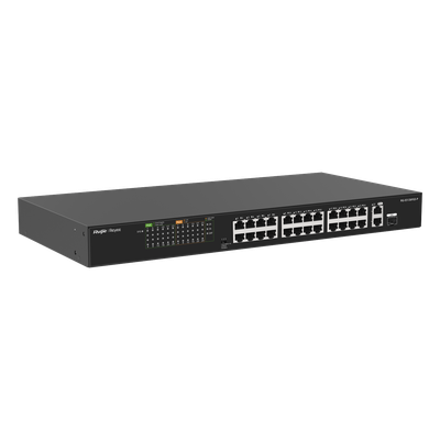 RUIJIE - Switch PoE+ No Administrable / 24 Puertos 10/100 PoE+ / 2 Uplinks Gigabit / 370W PoE / 8.8 Gbps / 1.44 ft x 0.70 ft x 0.14 ft