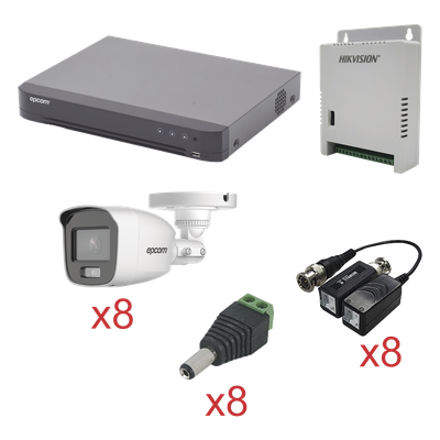 EPCOM - Kit TurboHD con Audio / DVR 8 Canales / 8 Cámaras Bala Exterior / 1080p / Luz Blanca 20 m (65.6 ft) / Audio Coaxitron / Fuente Seleccionable