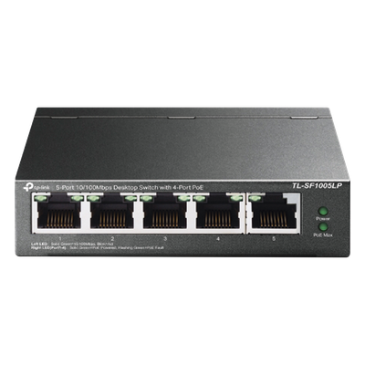 TP-LINK - Switch PoE No Administrable / 5 Puertos 10/100 Mbps / 4 Puertos PoE 802.3af / Presupuesto 41 W / Extensión PoE 250 m (820 ft) / Sin Ventilador