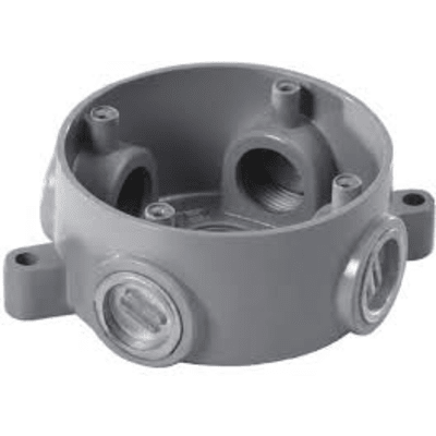 RAWELT - Caja Redonda Estándar sin Tapa a Prueba de Intemperie 102(4) de 3/4" (19 mm) / Con 5 salidas.
