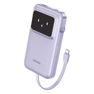 UGREEN - Power Bank / 10000 mAh / 30 W / Carga Bidireccional / 3 Salidas Simultáneas / Pantalla TFT / Cable USB-C Integrado / Certificación Aérea