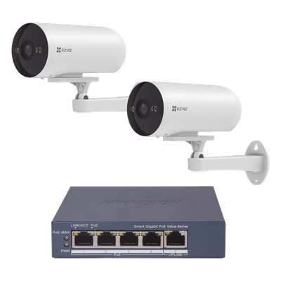 EZVIZ - Kit de Videovigilancia PoE / 2 Cámaras IP 3 Megapixel / Switch 4 Puertos PoE+ Gigabit / Visión Nocturna a Color / IP67 / Audio Bidireccional / Luz y Sirena