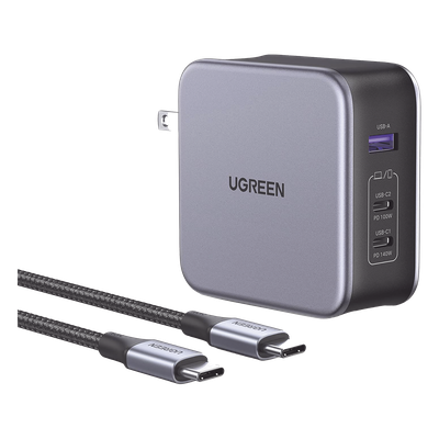 UGREEN - Cargador de Escritorio / 140W / 3 Puertos / 2 USB-C PD3.1 + 1 USB-A / GaN II + SiC / Enchufe Plegable