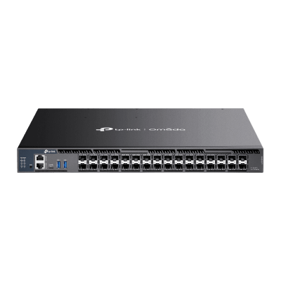 TP-LINK - Switch Gestionado L3+ / 26 Puertos 10G SFP+ + 6 Puertos 10G/5G SFP28 / 820 Gbps Capacidad Conmutación / 410 Gbps Ancho Banda / Apilamiento 4 Unidades / Redundancia PSU / Montaje Rack