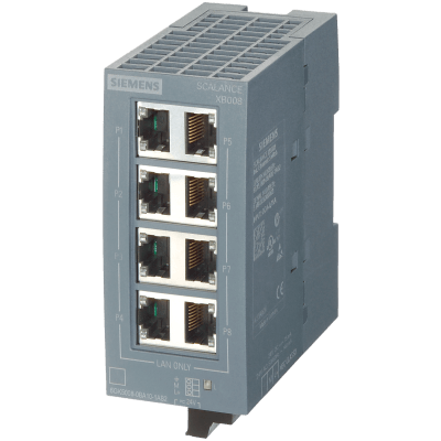SIEMENS - Switch Industrial No Gestionado SCALANCE XB008 / 8 Puertos 10/100 Mbit/s RJ45 / IP20 / 24V AC/DC / Montaje DIN Rail y Pared / PRP / CoS / PROFINET Clase A