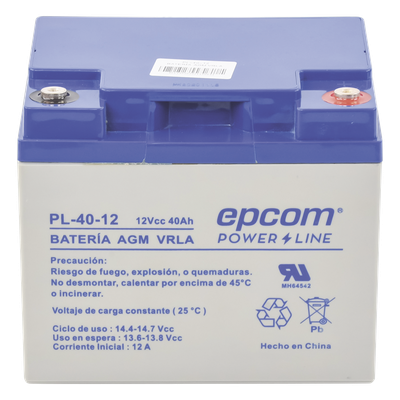 EPCOM POWERLINE - Batería 12 Vcc / 40 Ah / UL / Tecnología AGM-VRLA / Para uso en equipo electrónico Alarmas de intrusión / Incendio/ Control de acceso / Video Vigilancia / Terminales tipo M6 ( HEX ) / Cargador recomendado CHR-250.