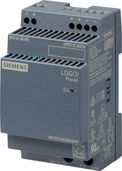 SIEMENS - Fuente de Alimentación / 24VDC 2.5A / Entrada 100-240V AC/DC / 60W / Eficiencia 89.6% / IP20 / Clase II / DIN Rail / Certificaciones UL CE EAC