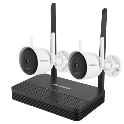 HIKVISION - Kit IP Inalámbrico 2 Megapixel (1080p) / NVS 4 Canales / 2 Cámaras Bala para Exterior con Lente 2.8 mm y Dual Light (30 mts IR + 20 mts Luz Blanca) / Audio Bidireccional (Micrófono y Bocina) / Soporta Micro SD de 512 GB