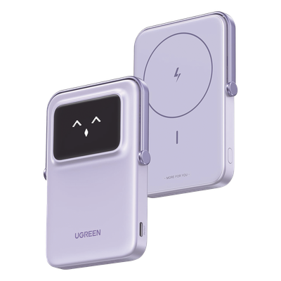 UGREEN - Power Bank Inalambrico | 5000mAh | 7.5W  |  Con Emojis de Estado | Carga Rápida USB-C Bidireccional  | Pantalla TFT  Inteligente | 13 niveles de Proteccion | Con Holder | Color Purple.