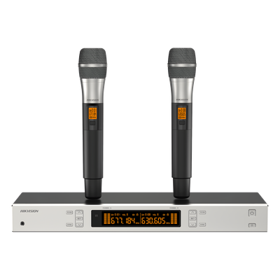 HIKVISION - Sistema de Micrófono Inalámbrico UHF / 2 Canales / 2 Micrófonos de Mano / Frecuencia 821-942 MHz / Alcance 100 m (328 ft) / True Diversity / Sincronización Infrarroja / Salida XLR Balanceada y 6.35 mm
