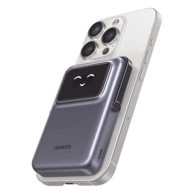 UGREEN - Power Bank Inalámbrico / 10000 mAh / Carga Inalámbrica 7.5W / USB-C 20W / Pantalla TFT con Emojis / Soporte Plegable / Succión Magnética 10N