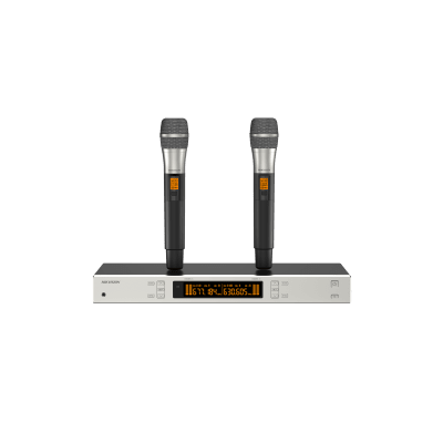 HIKVISION - Sistema de Micrófono Inalámbrico UHF / 2 Canales / Micrófono de Mano / Frecuencia 821-942 MHz / Distancia 100 m / Salida Balanceada y No Balanceada / Sincronización Infrarroja / Recepción True Diversity