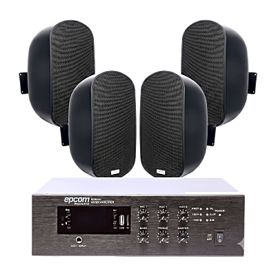 EPCOM PROAUDIO - KIT de Amplificador de 240W para Escritorio | 4 Altavoces de Pared color Negro 3W - 50W | Sistema 70/100V