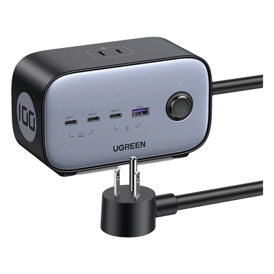 UGREEN - Cargador de Escritorio y Tomacorriente Múltiple | 3 Puertos USB-C | 1 Puertos USB-A | 3 Tomacorriente de CA | Tecnología GaN II | 1 USB 100W PD | Carga Rápida | Diseño Innovador en Forma de Cubo | Interruptor de Apagado.