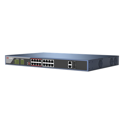 HIKVISION - Switch PoE 250 Metros Larga Distancia / 16 Puertos 802.3at (30 W) 100 Mbps + 2 Puertos Gigabit + 2 Puertos SFP