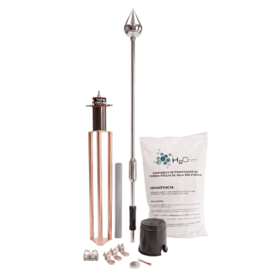TOTAL GROUND - Kit Pararrayo con Punta de Aluminio / Avance de Cebado 30 m (98.4 ft) / Sistema de Tierra 100 A / Conectores de Bronce y Varilla / Accesorios de Instalación en Torre