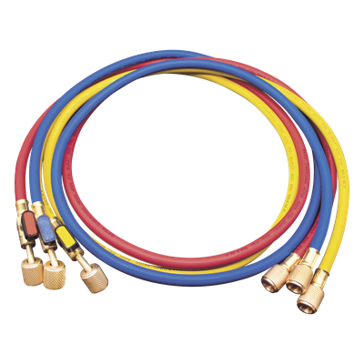 EPCOM - Juego de Mangueras de Refrigerante / 3 Mangueras 150 cm (60 in) / Presión Trabajo 55 bar (800 psi) / Presión Ruptura 276 bar (4000 psi) / Válvulas de Cierre Integradas / Conexiones 1/4 SAE Hembra y Macho / Identificación por Color Rojo-Azul