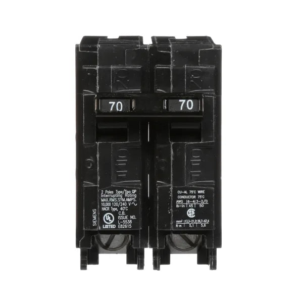 SIEMENS - Interruptor automático enchufable tipo QP 2 polos, 70 amp