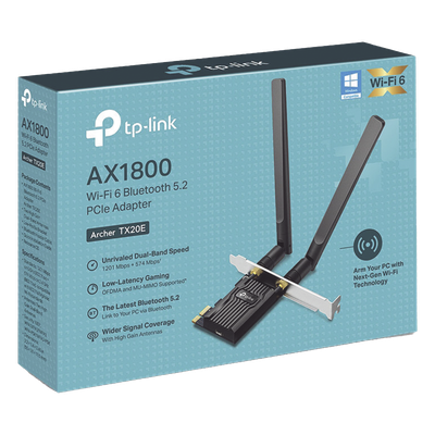 TP-LINK - Adaptador PCIe Wi-Fi 6 / AX1800 Mbps / Doble Banda 2.4/5 GHz / Bluetooth 5.2 / MU-MIMO 2x2 / WPA3 / Antenas 2 dBi Desmontables