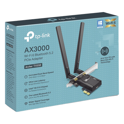 TP-LINK - Adaptador PCIe Wi-Fi 6 / AX3000 Mbps / Doble Banda 2.4/5 GHz / MU-MIMO 2x2 / Bluetooth 5.2 / WPA3 / Antenas 2 dBi / Perfil Bajo y Completo