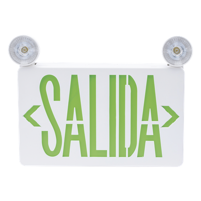 SFIRE - Letrero de Emergencia LED / Dual Salida y Luz de Emergencia / Montaje Universal Pared-Lateral-Techo / Doble Voltaje 120-277 VAC / Batería 6V 4.5Ah / Consumo 3W