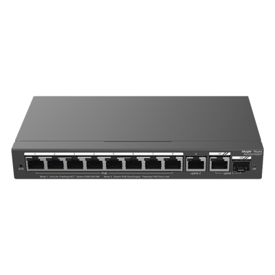 RUIJIE - Switch Administrable / 8 Puertos PoE+ / 130 W / 2 Uplinks Gigabit / 20 Gb/s / Sin Ventilador