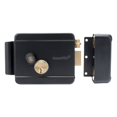 ACCESSPRO - Cerradura Eléctrica con Botón de Salida / Doble Cerrojo / 12 VCD / Exterior / Apertura Derecha / 129 x 103 x 38 mm