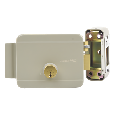 ACCESSPRO - Cerradura Eléctrica / 12 VCA 2.5 A / Doble Cerrojo / Activación por Pulso 2 s / Exterior / Derecha / 129 x 103 x 38 mm