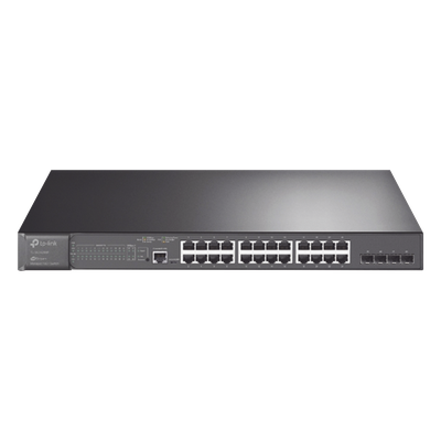 TP-LINK - Switch PoE+ L2+ / 24 Puertos Gigabit / 4 Puertos SFP 1G / Presupuesto PoE 384W / Rendimiento 56 Gbps / Montaje en Rack
