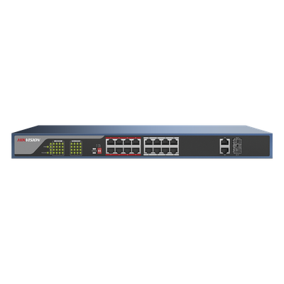 HIKVISION - Switch PoE 250 Metros Larga Distancia / 16 Puertos 802.3at (30 W) 100 Mbps + 2 Puertos Gigabit + 2 Puertos SFP