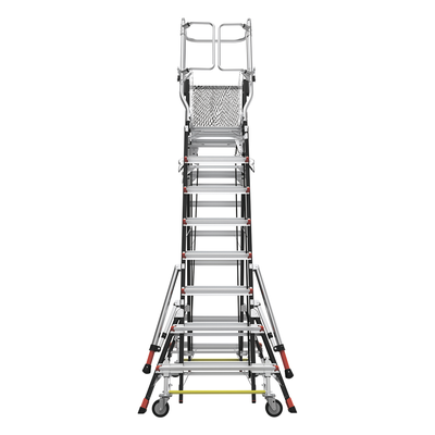LITTLE GIANT LADDER SYSTEMS - Escalera de Fibra de Vidrio con Jaula / Ajuste de Altura 8' a 14' (2.44 a 4.27 m) / Carga Máxima 170 kg (375 lb) / Nivelación en Ruedas Ratchet™ / Peso 58.5 kg (129 lb)