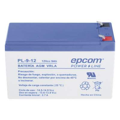 EPCOM POWERLINE - Batería 12 Vcc / 9 Ah / UL / Tecnología AGM-VRLA / Para uso en equipo electrónico Alarmas de intrusión / Incendio/ Control de acceso / Video Vigilancia / Terminales F1 / Cargador recomendado CHR-80.