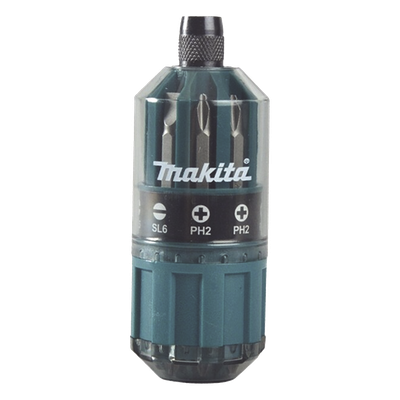 MAKITA - Desarmador manual / 18 puntas intercambiables / Phillips PH2-PH5 / Pozidriv PZ1-PZ3 / Planas SL4-SL6 / Acero cromado vanadio