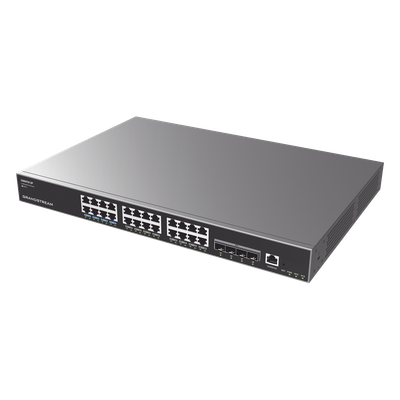 GRANDSTREAM - Switch Capa 3 PoE+ Administrable / 24 puertos Gigabit / 4 puertos SFP+ 10G / 360W PoE / 128 Gbps / 95.232 Mpps / 1.18 pies (0.36 m) de profundidad