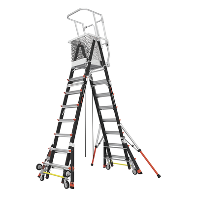 LITTLE GIANT LADDER SYSTEMS - Escalera de Fibra de Vidrio con Jaula / Ajuste de Altura 8' a 14' (2.44 a 4.27 m) / Carga Máxima 170 kg (375 lb) / Nivelación en Ruedas Ratchet™ / Peso 58.5 kg (129 lb)