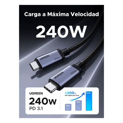UGREEN - Cable USB-C Thunderbolt 5 / 80 Gbps Bidireccional / 120 Gbps Unidireccional / 1 m (3.28 ft) / PD 3.1 100W / 24 Pines / E-Marker IP2133H