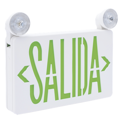 SFIRE - Letrero de Emergencia LED / Dual Salida y Luz de Emergencia / Montaje Universal Pared-Lateral-Techo / Doble Voltaje 120-277 VAC / Batería 6V 4.5Ah / Consumo 3W