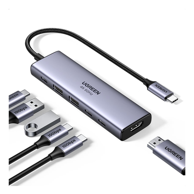 UGREEN - Hub USB-C 6 en 1 / HDMI 4K@60Hz / 4x USB 3.2 Gen 2 10 Gbps / PD 100W / Aluminio / 20 cm
