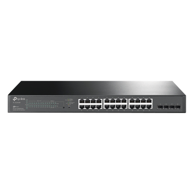TP-LINK - Switch PoE+ Administrable / 24 Puertos Gigabit / 4 Ranuras SFP / 250W PoE Total / SDN Cloud / Enrutamiento Estático