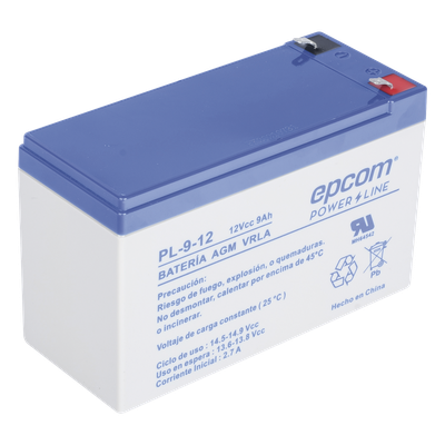 EPCOM POWERLINE - Batería 12 Vcc / 9 Ah / UL / Tecnología AGM-VRLA / Para uso en equipo electrónico Alarmas de intrusión / Incendio/ Control de acceso / Video Vigilancia / Terminales F1 / Cargador recomendado CHR-80.