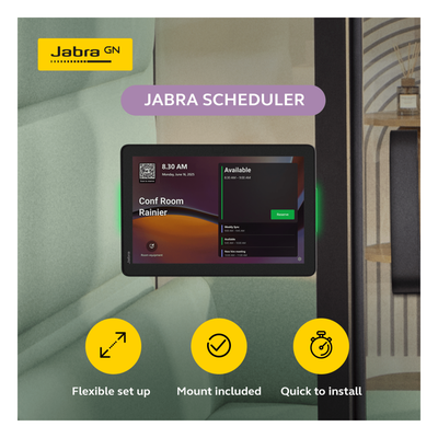 JABRA - Panel de Programación de Salas / Pantalla Táctil 10.1" / Resolución 1920x1200 / Android 13 / PoE IEEE 802.3af / Wi-Fi 802.11ac / Bluetooth 5.2 / Certificado Microsoft Teams y Zoom Rooms / Barras LED de Disponibilidad / Montaje Flexible