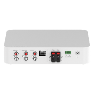 HIKVISION - Amplificador de Audio IP / 2 Canales / 80 W Totales / 2 Zonas 40 W / Salida 100V / Bluetooth / USB / RCA / Micrófono / Hik-Connect