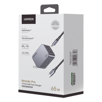 UGREEN - Cargador de Pared / 65W / 3 Puertos / 2 USB-C / 1 USB-A / GaNInfinity / PD3.1 / QC4.0 / Aluminio
