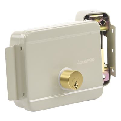 ACCESSPRO - Cerradura Eléctrica / 12 VCA 2.5 A / Doble Cerrojo / Activación por Pulso 2 s / Exterior / Derecha / 129 x 103 x 38 mm